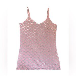 Vintage Y2K No Boundaries Pink Silver Metallic Heart Fitted Tank Top 00s Raver L